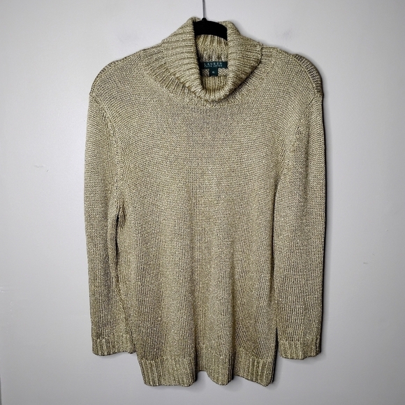 Lauren Ralph Lauren Gold Metallic Turtleneck Sweater Size XL | Preppy Holiday - Picture 2 of 8